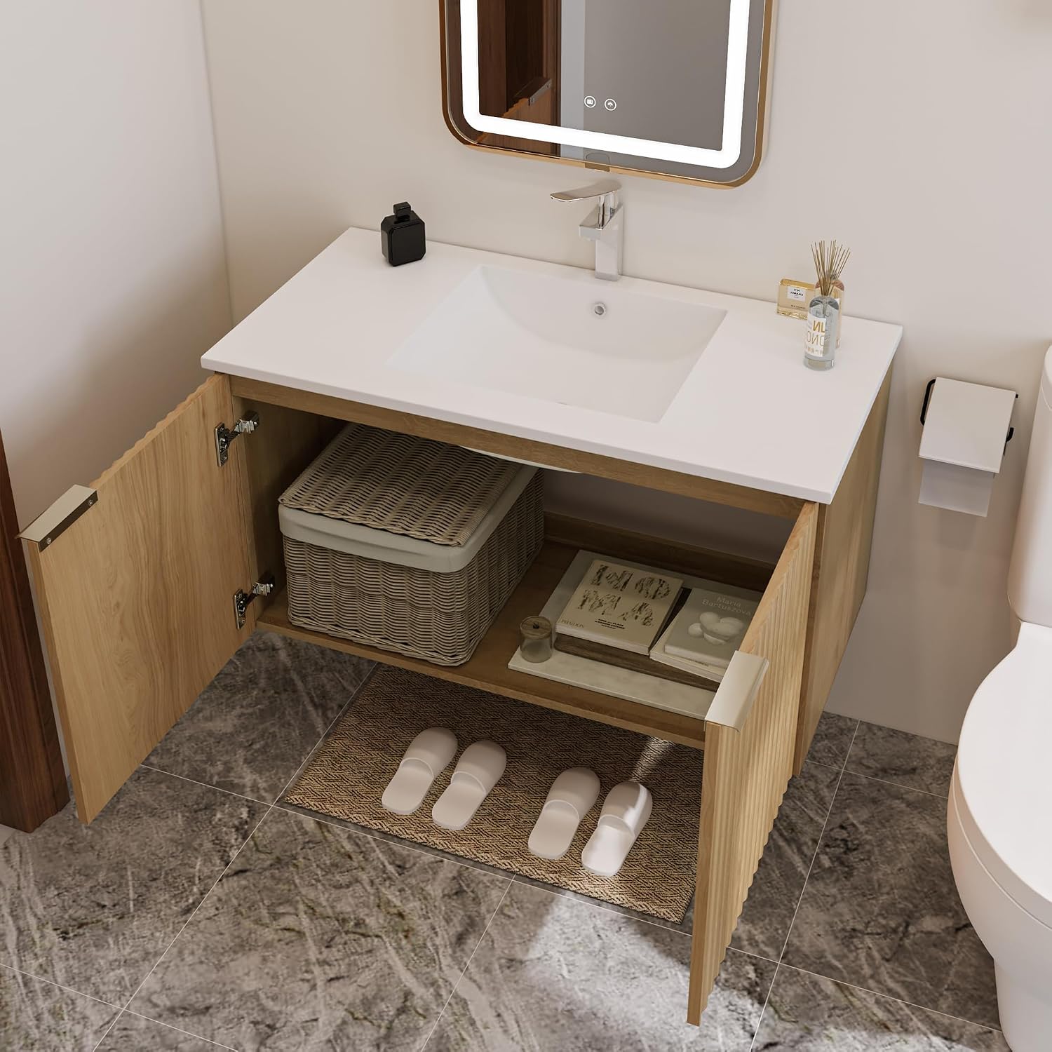 현대적인 플로팅 욕실 세면대, 물결무늬 문, 벽걸이형  - Home Bathroom Cabinets 리뷰 및 가격